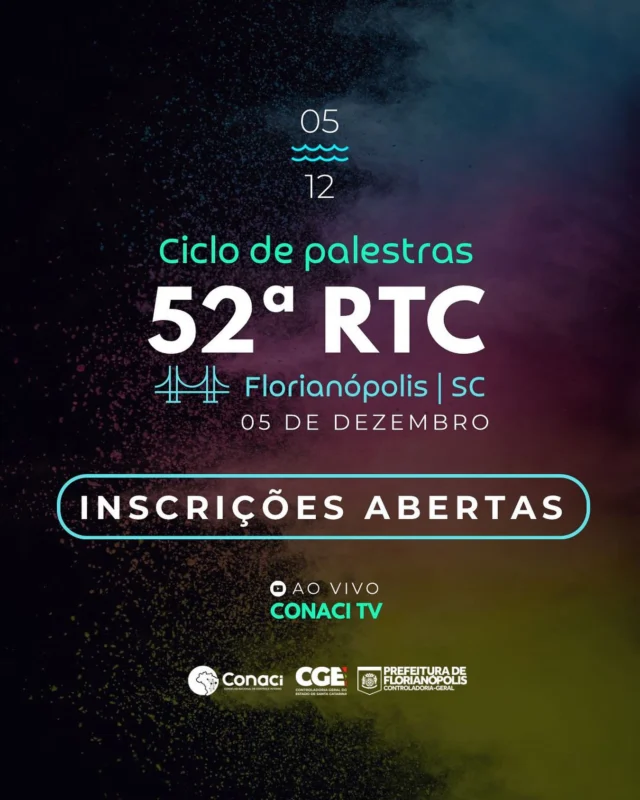 Estão abertas as inscrições para o Ciclo de Palestras da 52ª RTC!!

O evento vai acontecer no dia 05 de dezembro, no Conaci TV

Confira o link no story e em nosso site: conaci.org.br

Esperamos vocês!

#52ªRTC #aovivo #eventogratuito #controleinterno #integridade #inovação