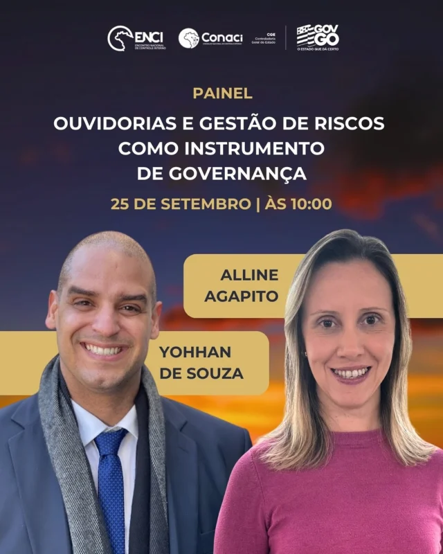 🔎 Qual a importância da ouvidoria e da gestão de riscos para a boa governança?

No XXI ENCI, Alline Agapito e Yohhan de Souza participam do painel “Ouvidoria e Gestão de Riscos como instrumento de governança” para debater práticas que fortalecem a transparência e a integridade nas instituições.

📅 25 de setembro
⏰ às 10h
📲 Presencial ou ao vivo no Conaci TV

Saiba mais em: conaci.org.br

#XXIENCI #Governança #Ouvidoria #GestãoDeRiscos #Integridade #ControleInterno